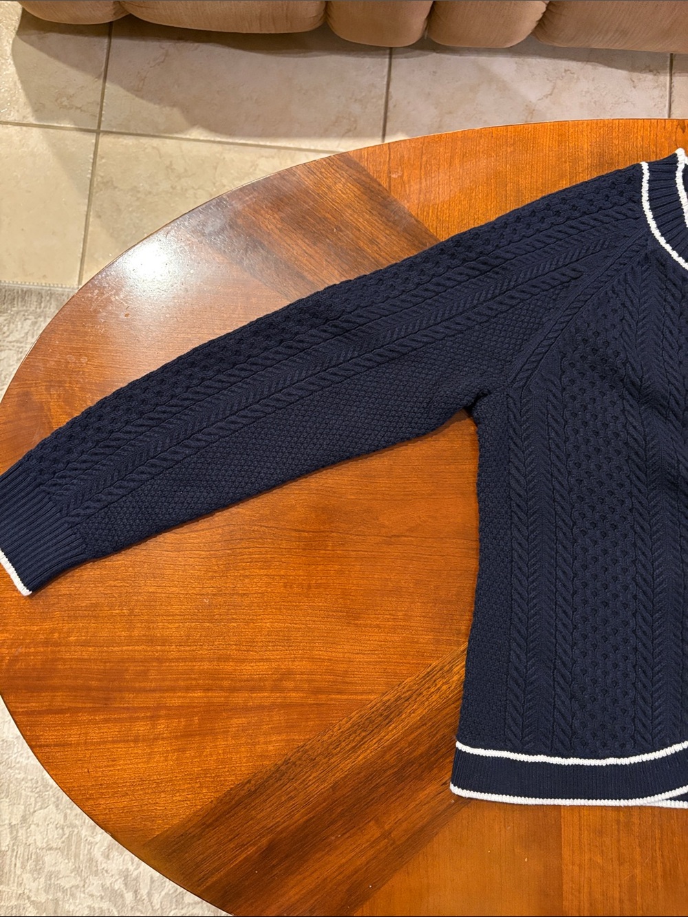 Talbots Women’s Navy Cable Knit Cutaway Cardigan with White Trim - Picture 6 of 9